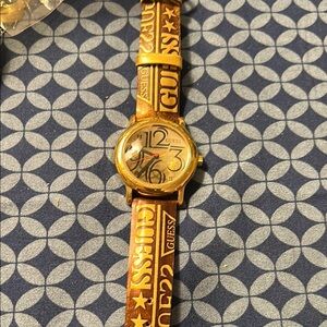 Guess Gold Watch with Brown Leather Strap